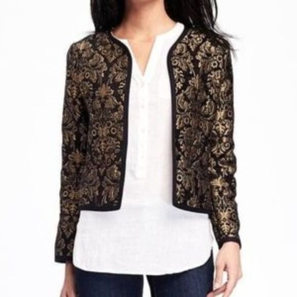 Old Navy Blazer Party Evening Black Gold Damask Unlined Open Front Size Medium - Picture 2 of 8